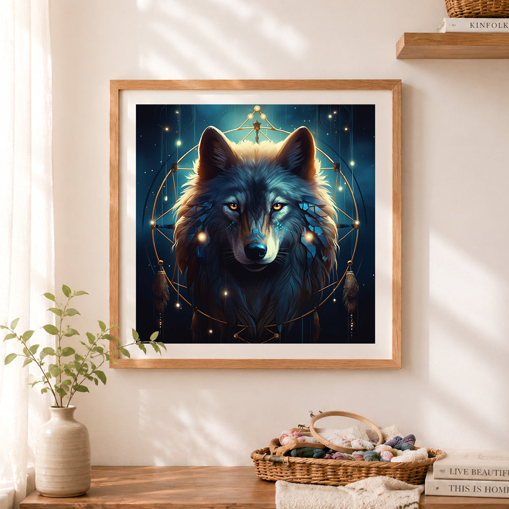 Finished dreamcatcher spirit wolf cross stitch artwork displayed as home decor