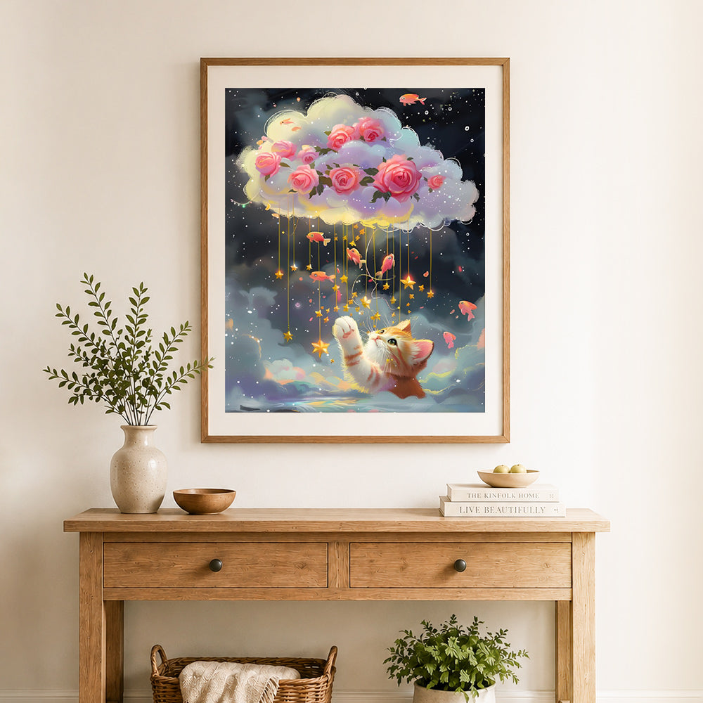 Finished dreamy cat with cloud roses cross stitch artwork displayed as home decor
