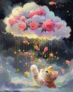 Dreamy cat with cloud roses cross stitch kit for beginners