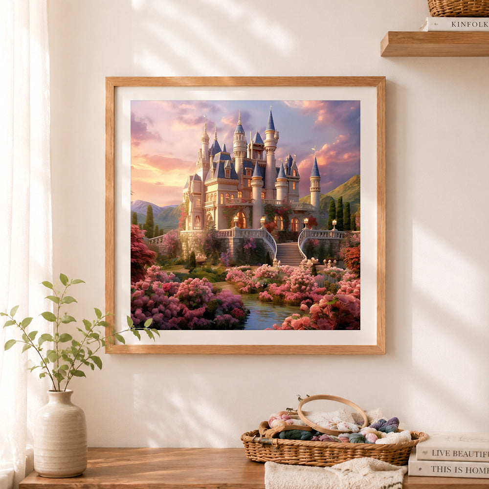 Finished dreamy floral fairy castle cross stitch artwork displayed as home decor