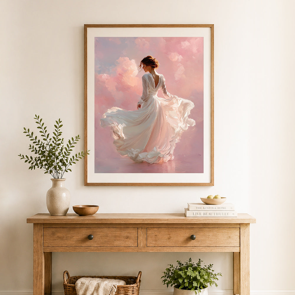 Finished dreamy flowing white gown cross stitch artwork displayed as home decor