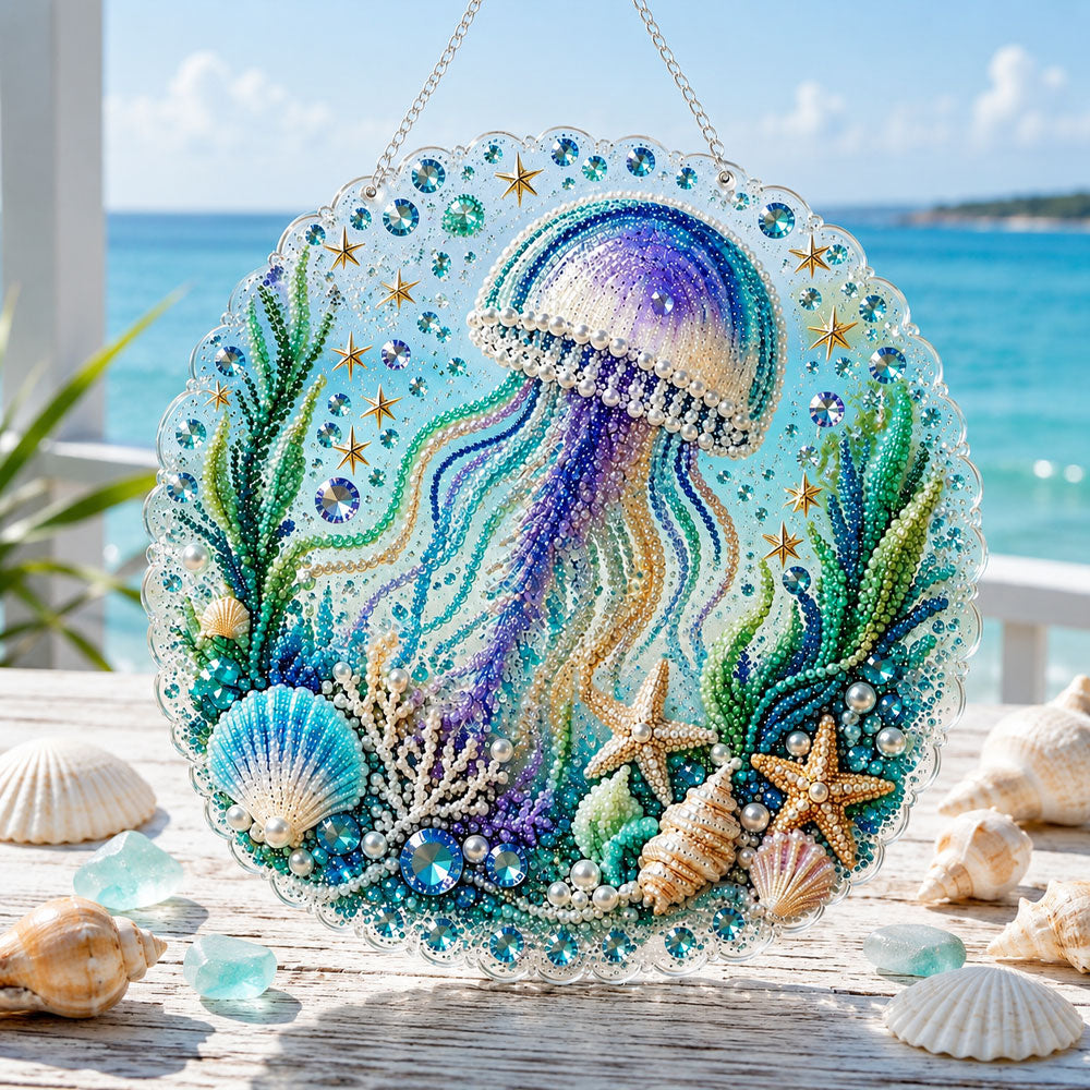 Finished dreamy jellyfish decor pearl diamond painting artwork displayed as home decor