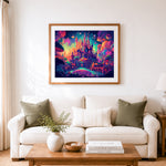Finished dreamy magic castle cross stitch artwork displayed as home decor