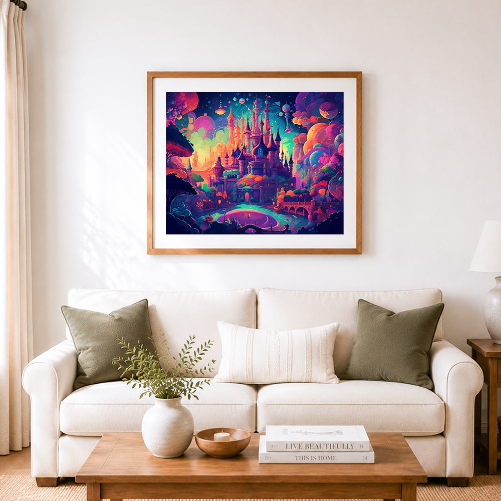 Finished dreamy magic castle cross stitch artwork displayed as home decor