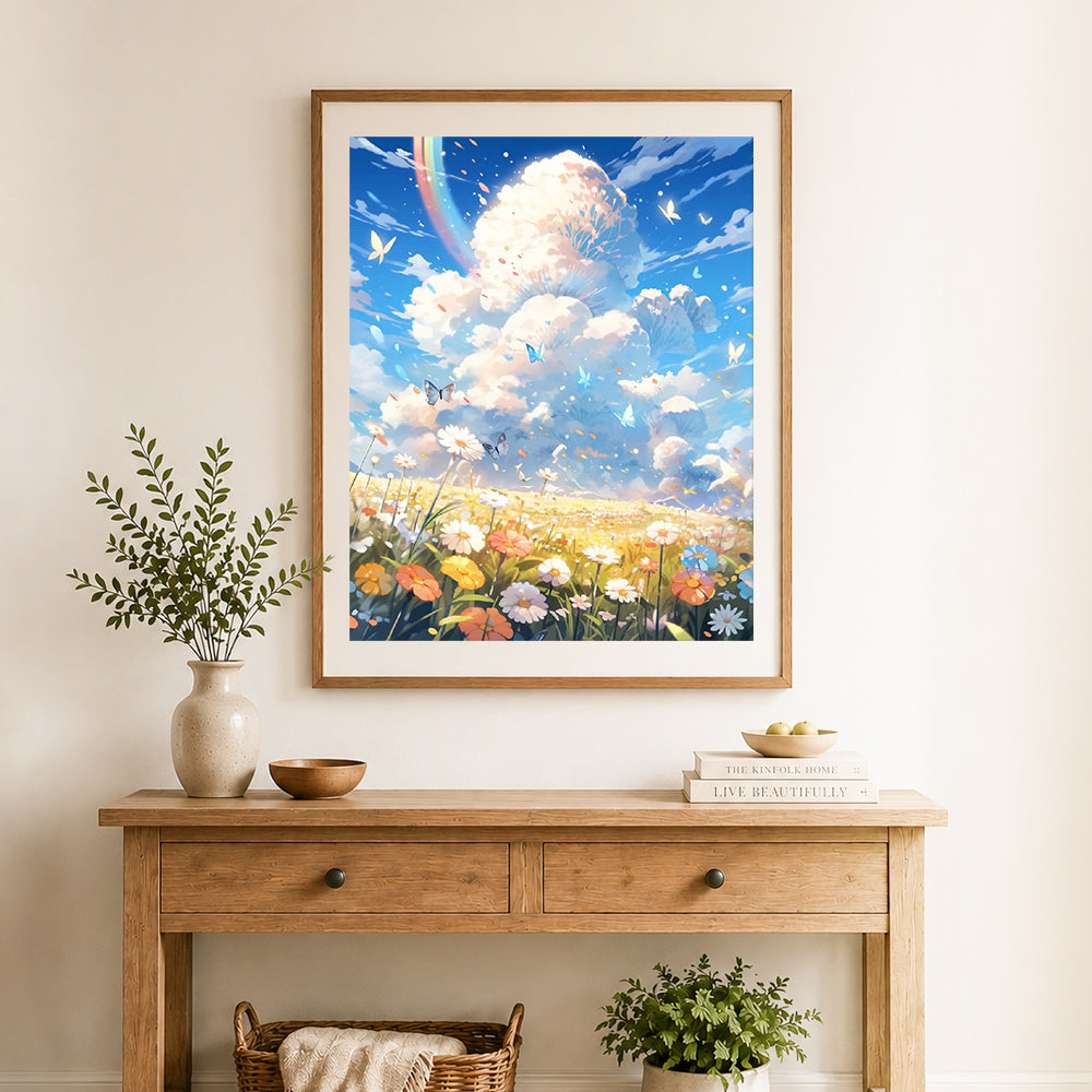 Finished dreamy meadow with butterflies cross stitch artwork displayed as home decor