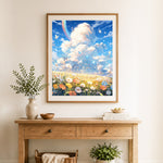 Finished dreamy meadow with butterflies cross stitch artwork displayed as home decor