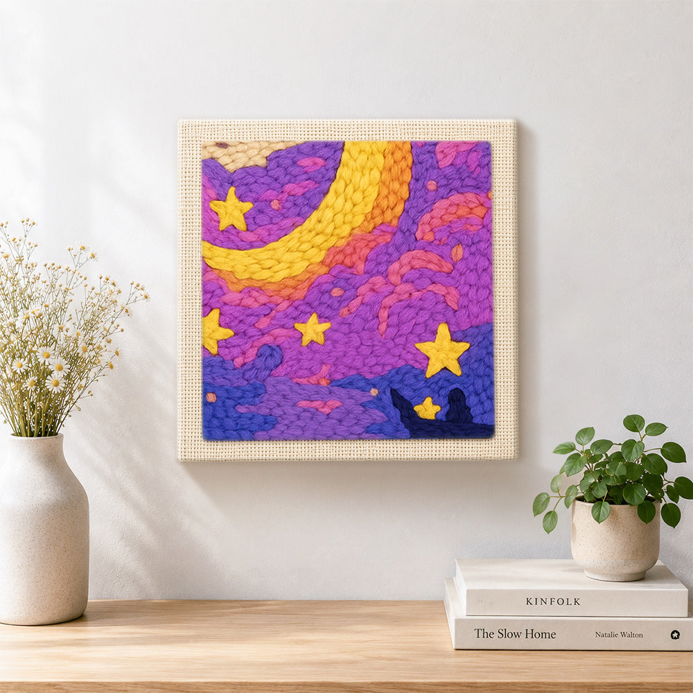 Finished dreamy purple starry night artwork displayed on a wall