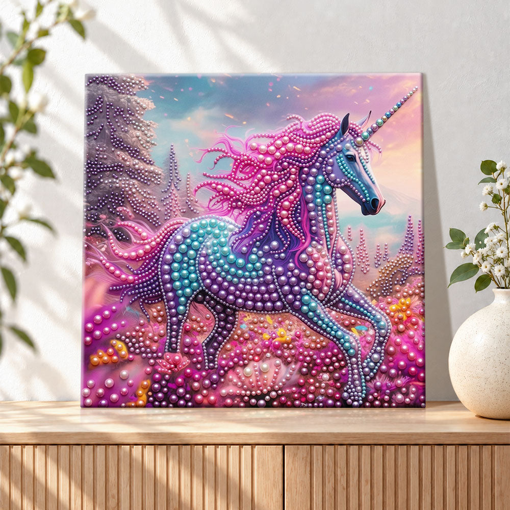 Finished dreamy rainbow unicorn pearl diamond painting artwork displayed as holiday home decor