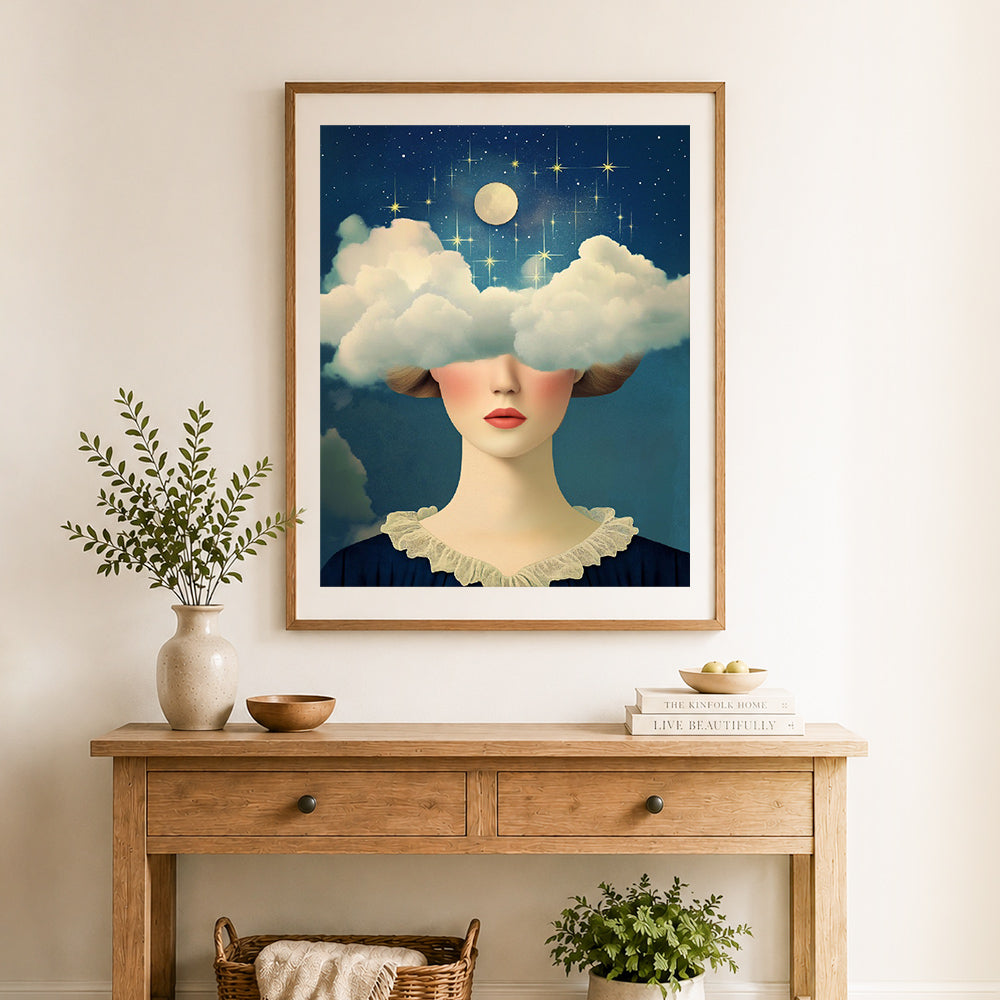 Finished dreamy skies cross stitch artwork displayed as home decor