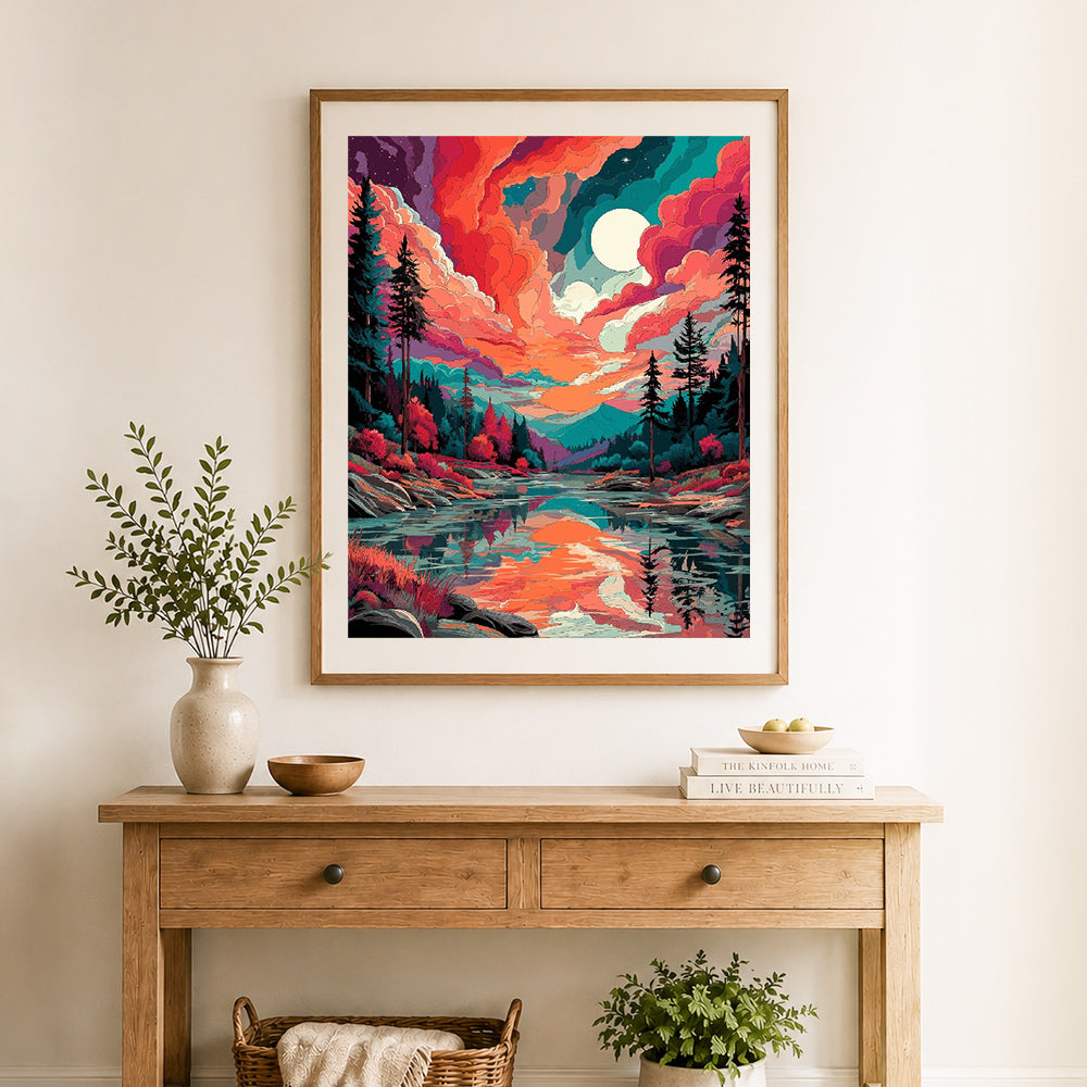 Finished dreamy sky reflection cross stitch artwork displayed as home decor