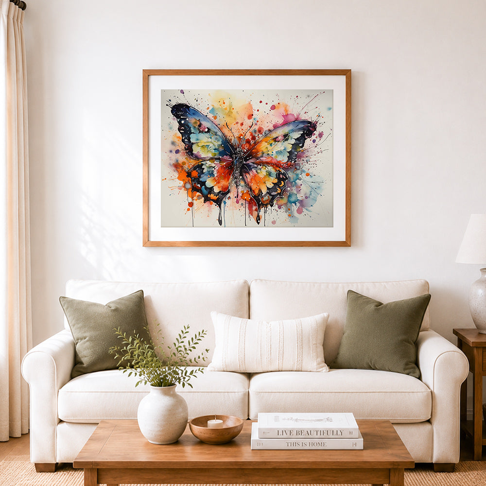 Finished dreamy splatter butterfly cross stitch artwork displayed as home decor