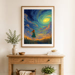 Finished dreamy starry sky cross stitch artwork displayed as home decor