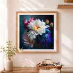 Finished dreamy white and blue petals cross stitch artwork displayed as home decor