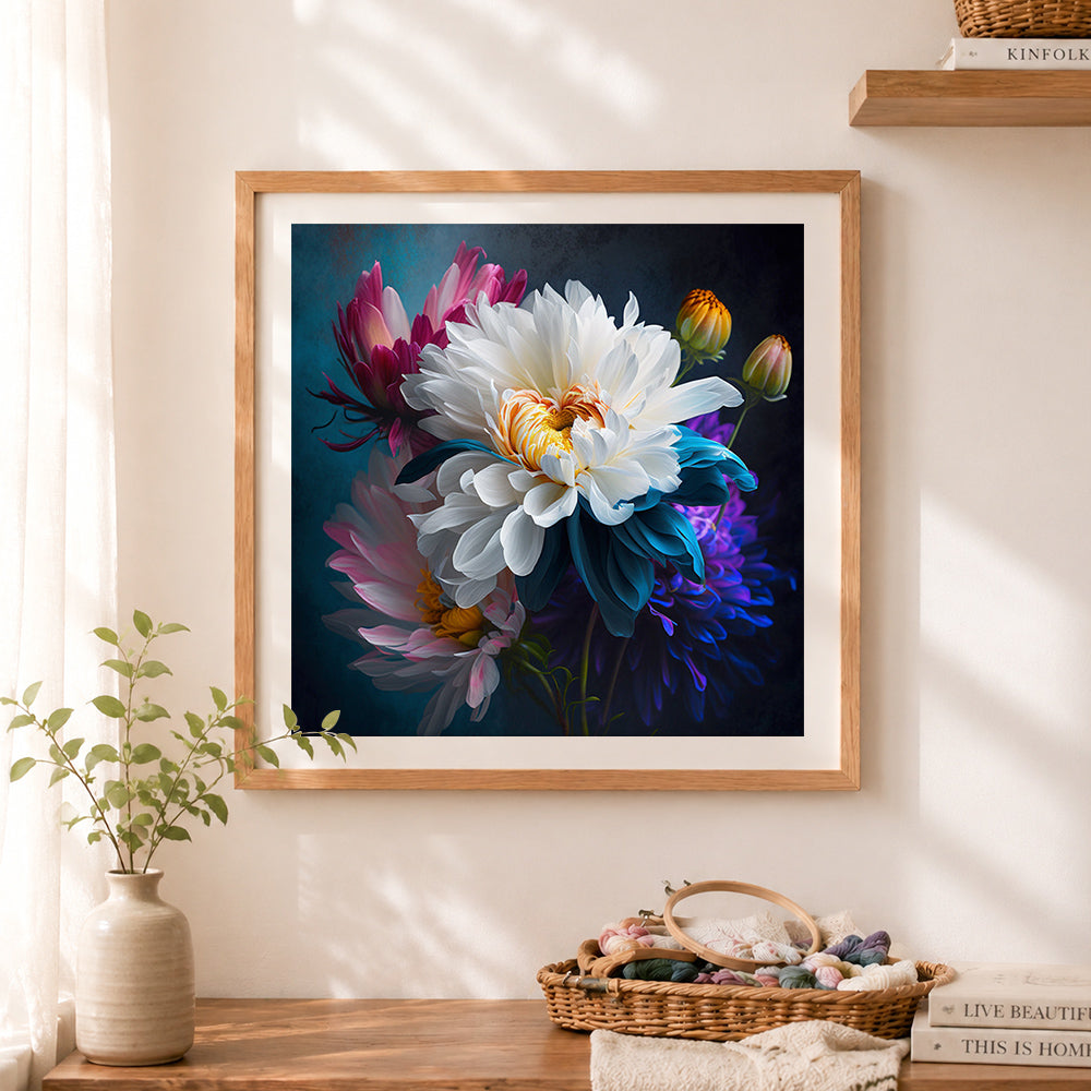 Finished dreamy white and blue petals cross stitch artwork displayed as home decor