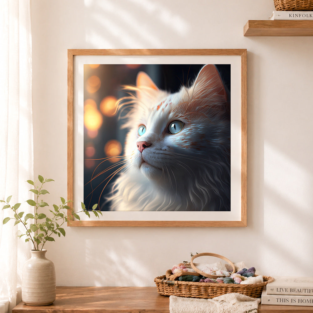 Finished dreamy white cat cross stitch artwork displayed as home decor