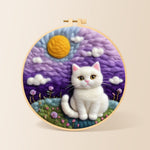 Dreamy white cat in purple clouds needle felting kit for beginners with a round wooden frame