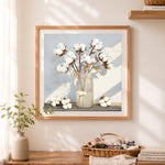 Finished dried cotton in glass jar cross stitch artwork displayed as home decor