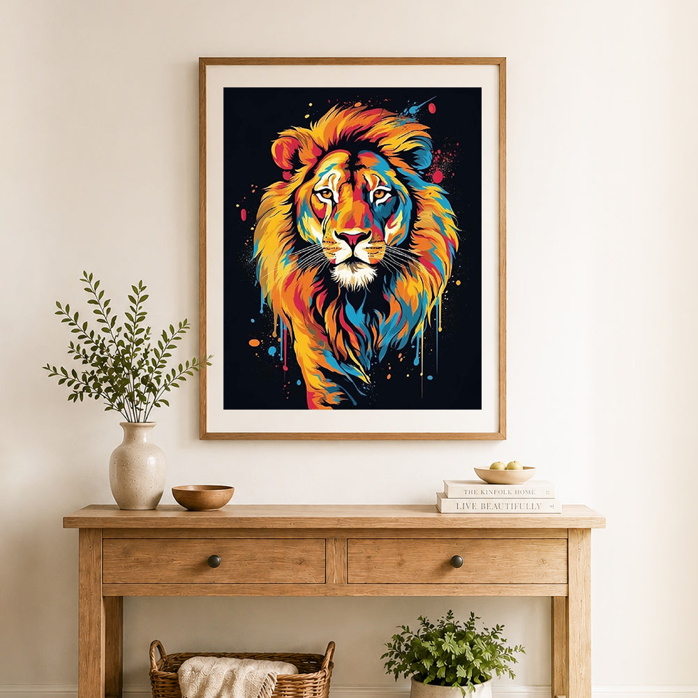 Finished drip paint colorful lion cross stitch artwork displayed as home decor