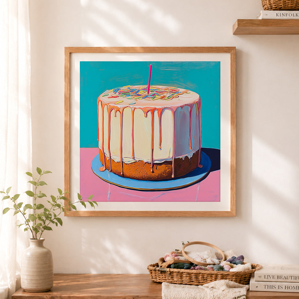 Finished dripping frosted birthday cake cross stitch artwork displayed as home decor