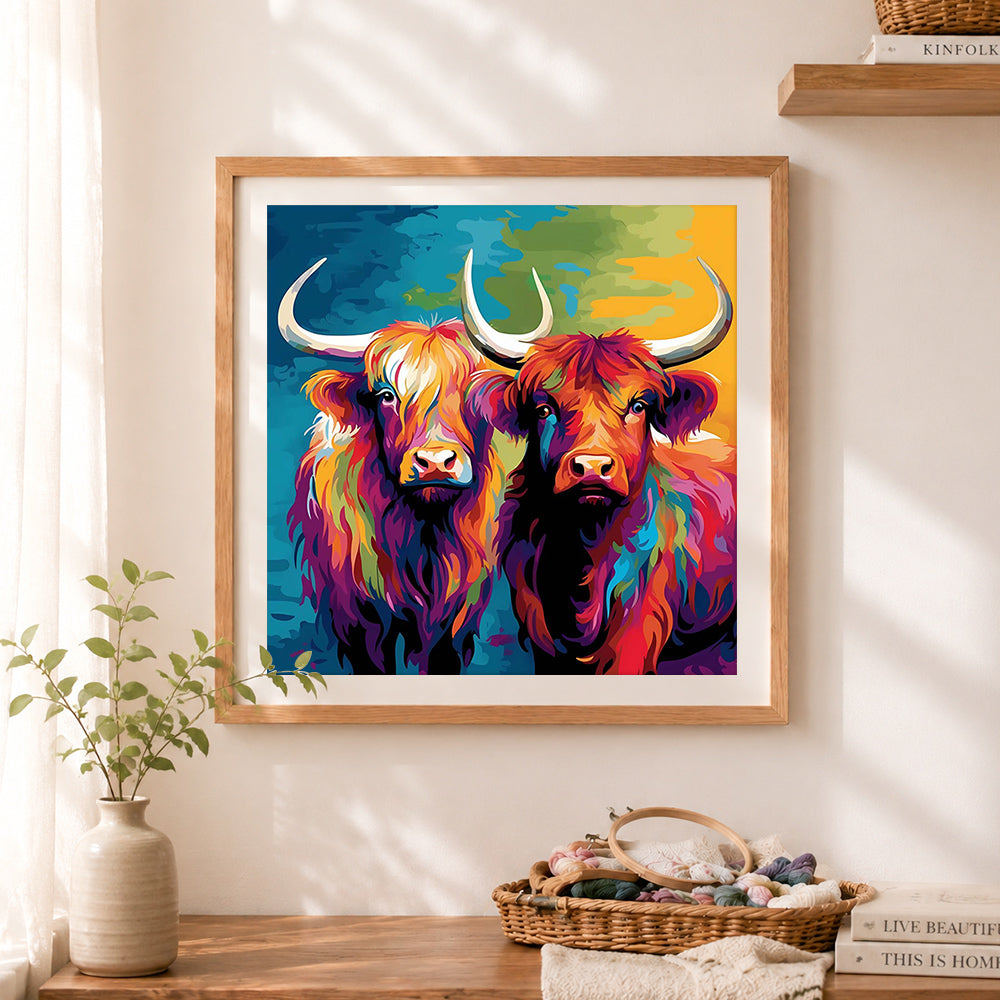 Finished dual highland cows in bold pop art cross stitch artwork displayed as home decor