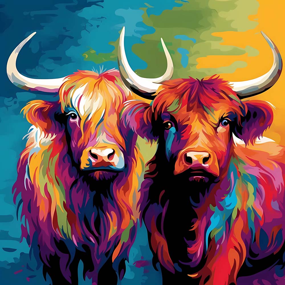 Dual highland cows in bold pop art cross stitch kit for beginners