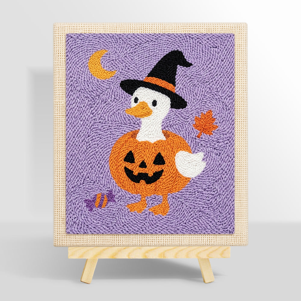 Duck in pumpkin witch outfit punch needle kit for beginners