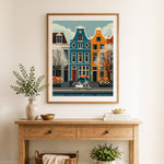 Finished dutch canal spring day cross stitch artwork displayed as home decor