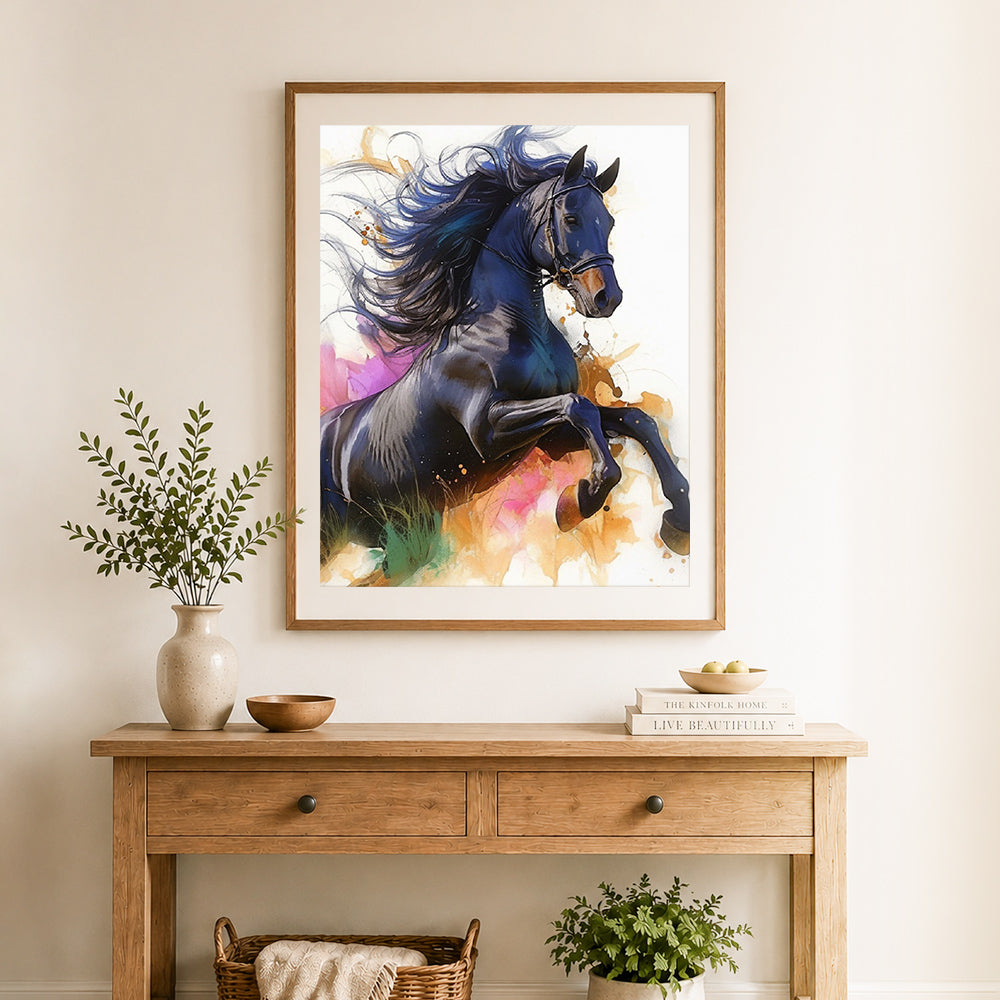 Finished dynamic black stallion cross stitch artwork displayed as home decor