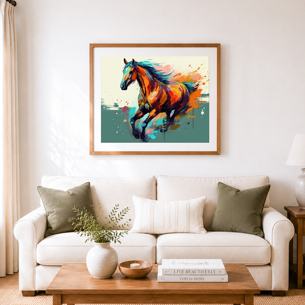 Finished dynamic running stallion cross stitch artwork displayed as home decor
