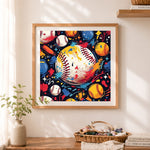 Finished dynamic splatter baseball cross stitch artwork displayed as home decor