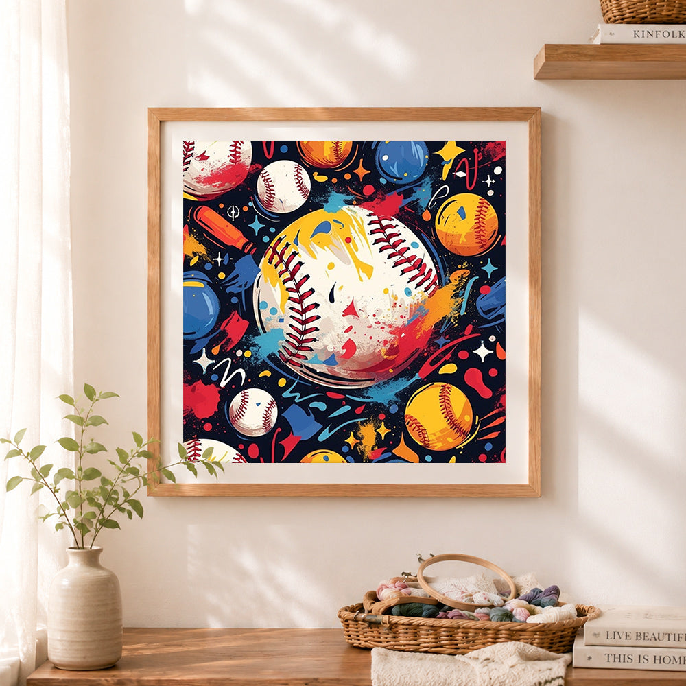 Finished dynamic splatter baseball cross stitch artwork displayed as home decor