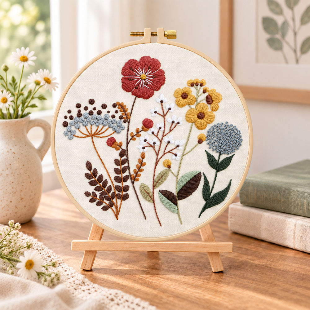 Earthy tone flora embroidery kit finished hoop displayed on a wooden stand as cozy tabletop decor