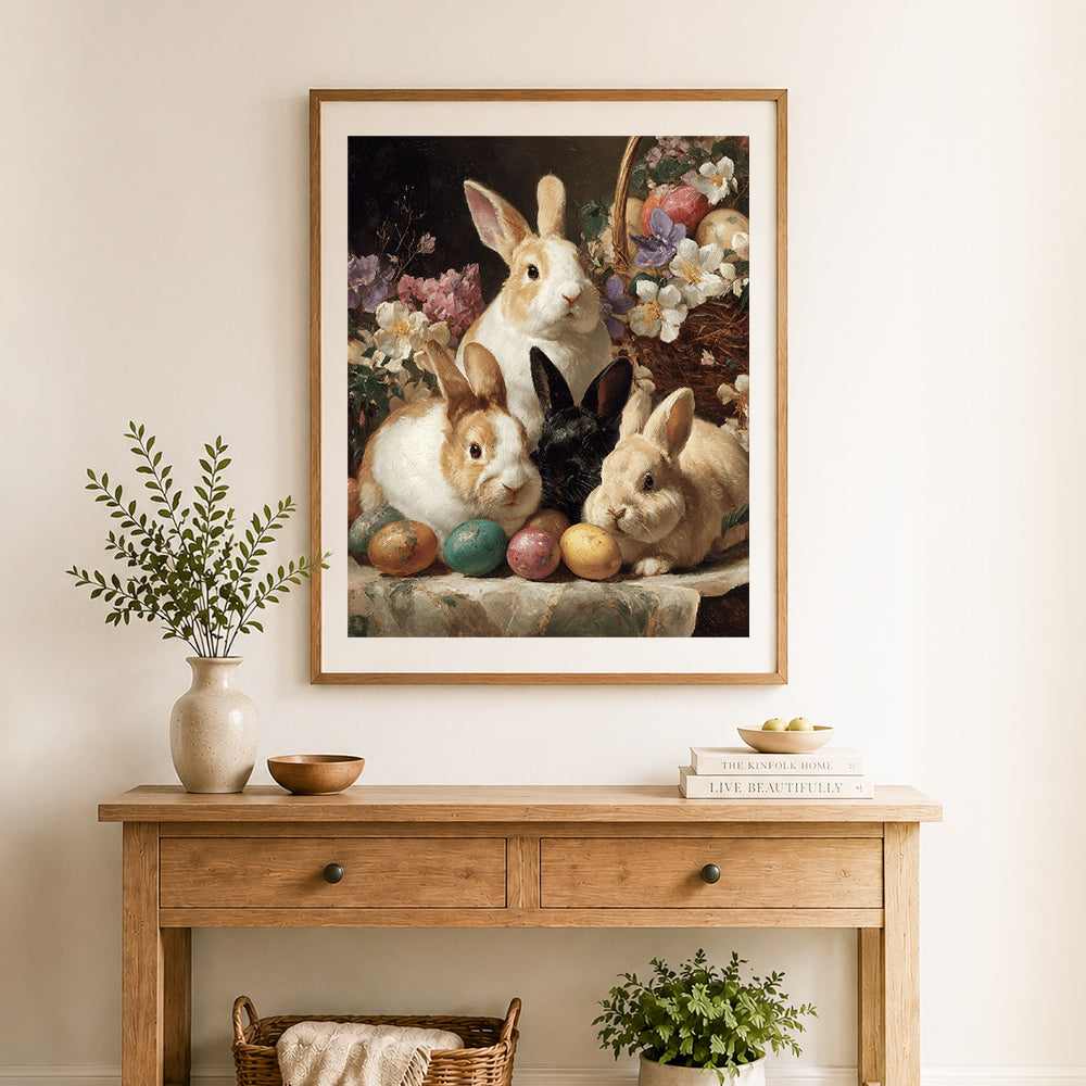 Finished easter bunnies and eggs cross stitch artwork displayed as home decor