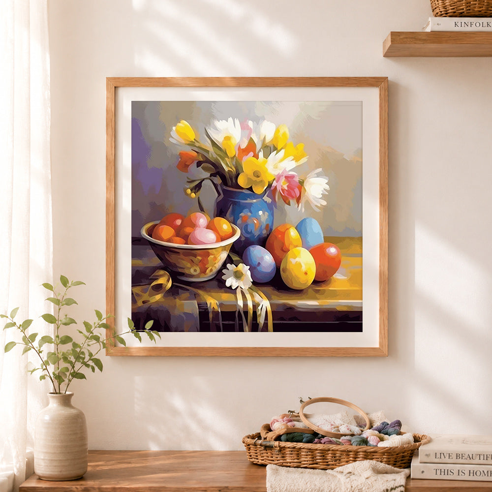 Finished easter egg and spring flower still life cross stitch artwork displayed as home decor