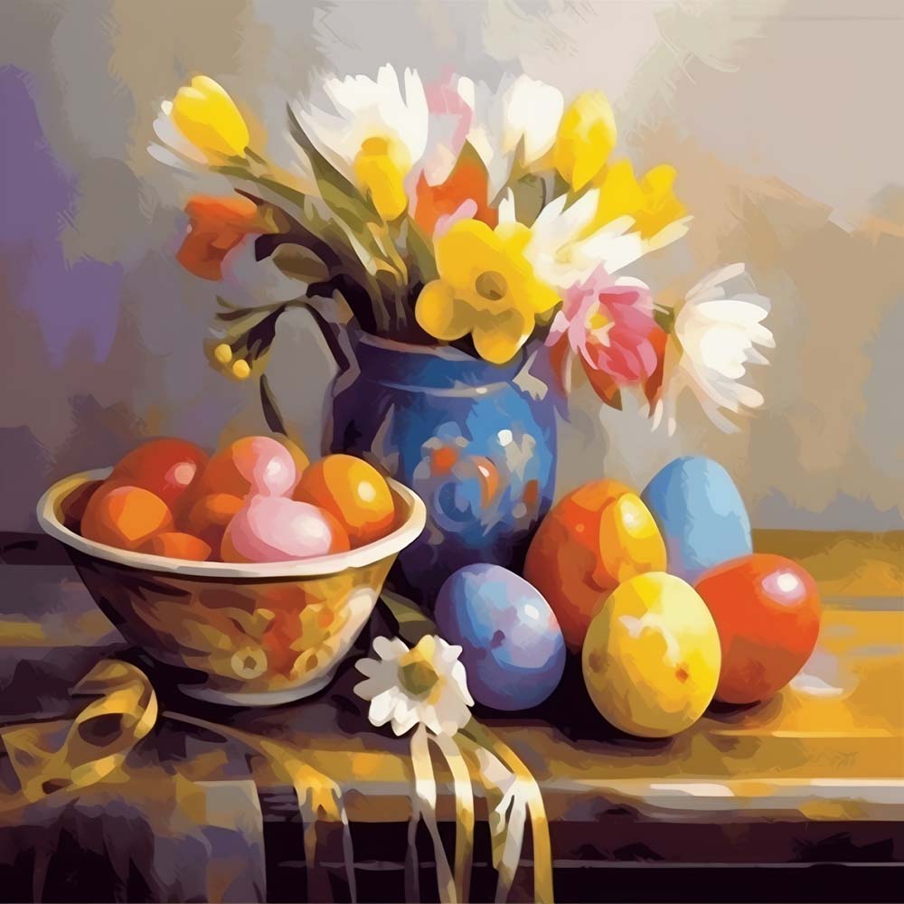 Easter egg and spring flower still life cross stitch kit for beginners
