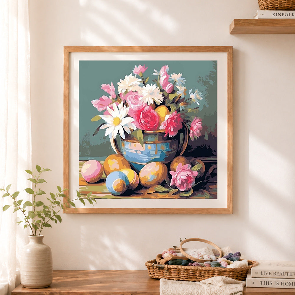 Finished easter floral egg table arrangement cross stitch artwork displayed as home decor