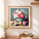 Finished easter floral egg table arrangement cross stitch artwork displayed as home decor