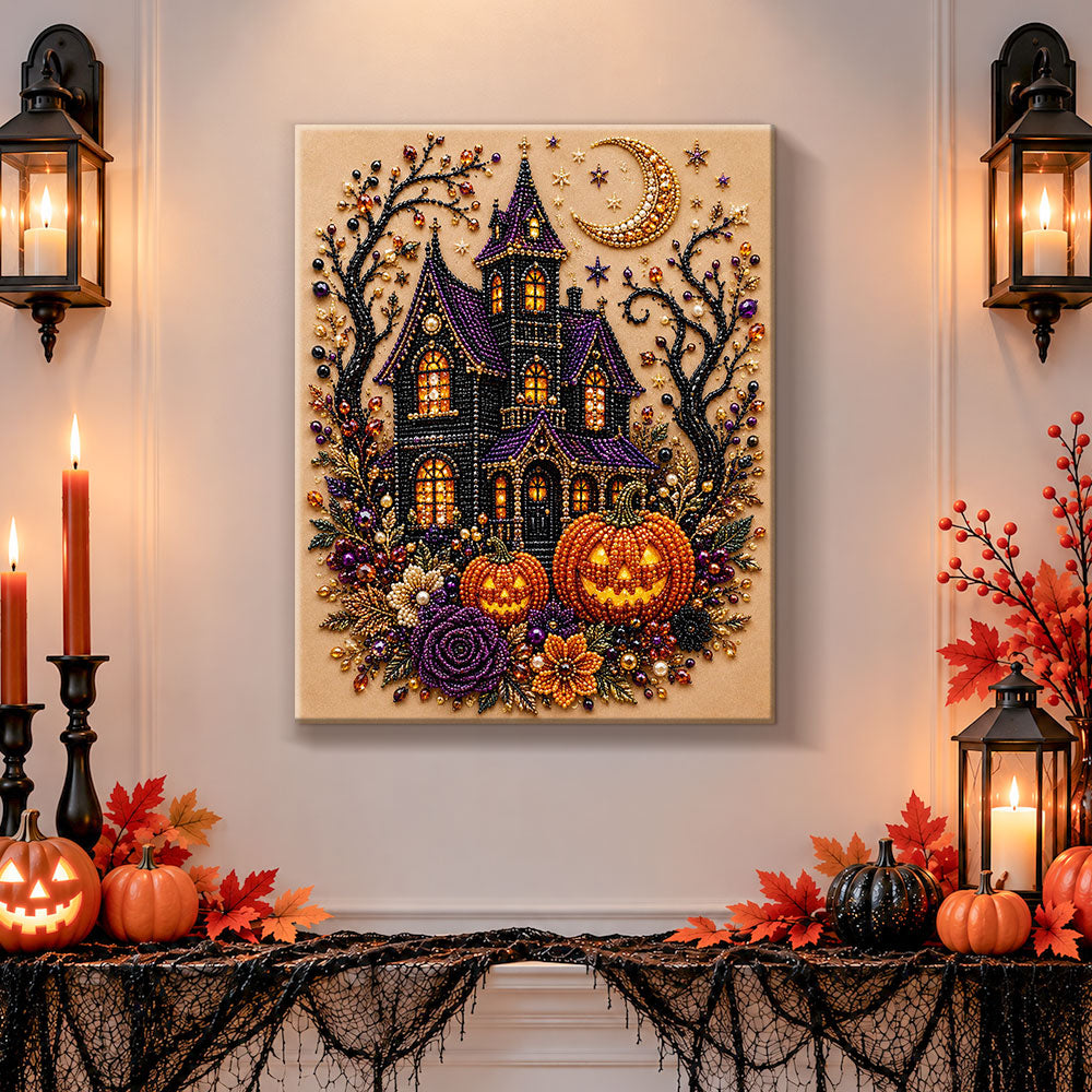 Finished eerie ghostly manor pearl diamond painting artwork displayed as holiday home decor