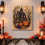 Finished eerie ghostly manor pearl diamond painting artwork displayed as holiday home decor