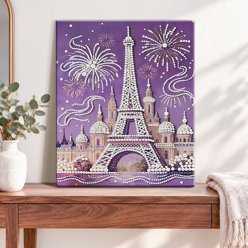 Finished eiffel tower fireworks pearl diamond painting artwork displayed as home decor