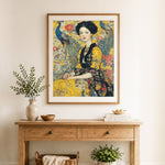 Finished elegant and dignified woman with peacocks cross stitch artwork displayed as home decor