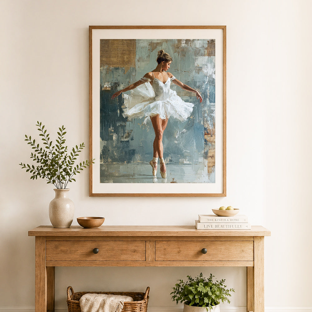 Finished elegant ballerina dancer cross stitch artwork displayed as home decor