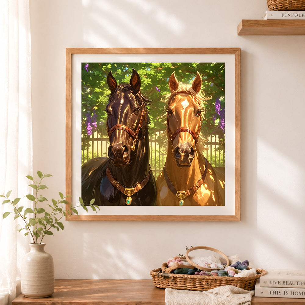 Finished elegant black and chestnut horses cross stitch artwork displayed as home decor