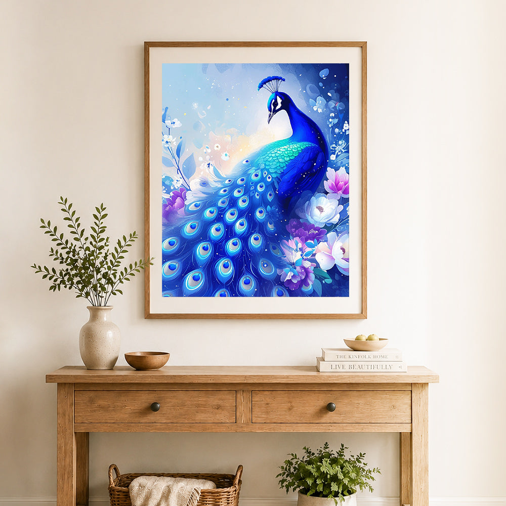 Finished elegant blue peacock cross stitch artwork displayed as home decor