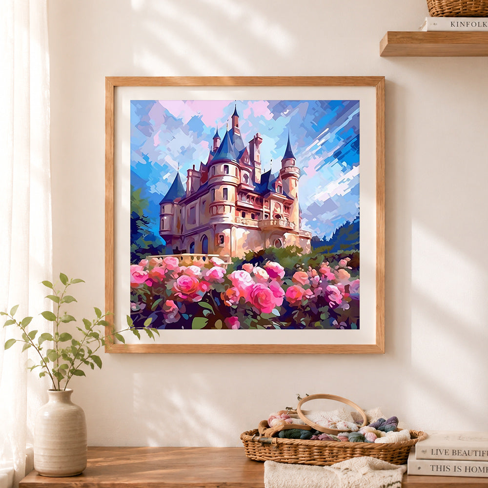 Finished elegant chateau surrounded by roses cross stitch artwork displayed as home decor