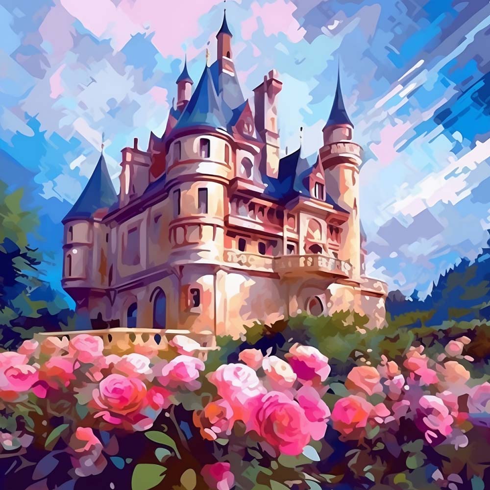 Elegant chateau surrounded by roses cross stitch kit for beginners