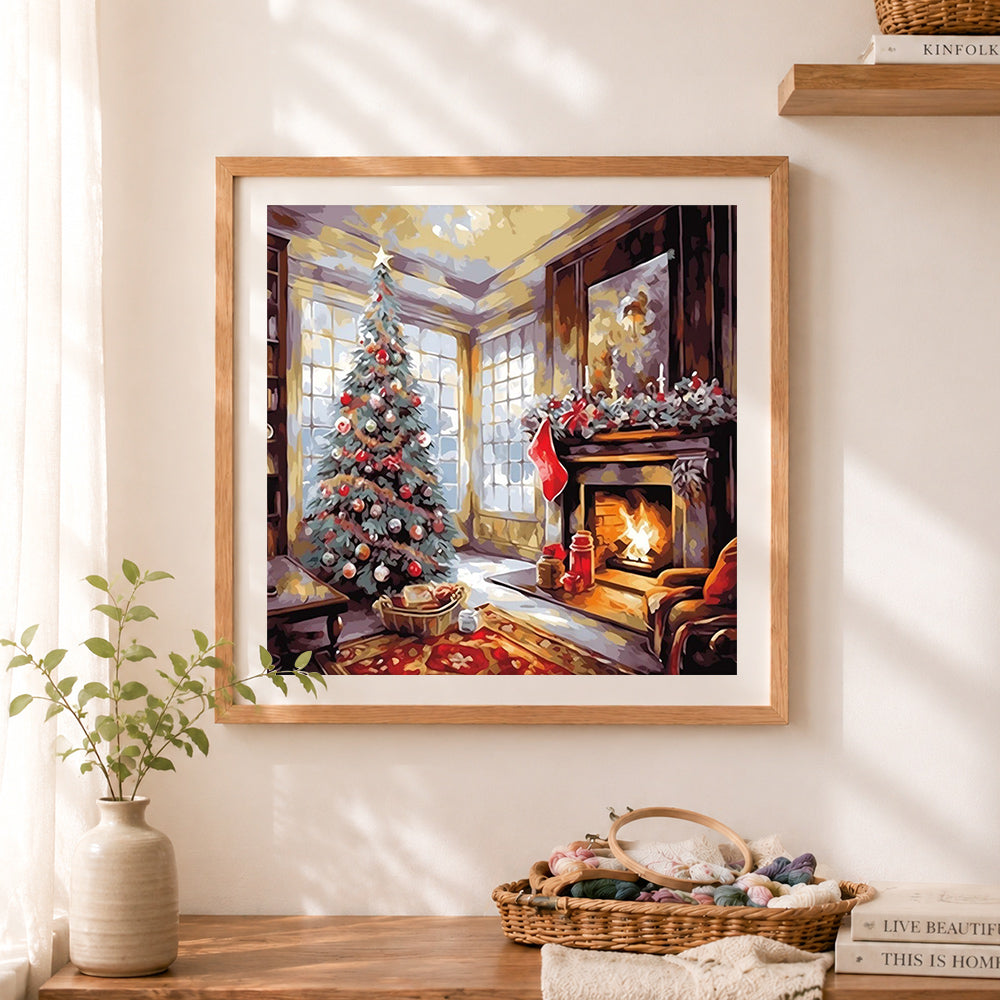 Finished elegant holiday interior cross stitch artwork displayed as home decor