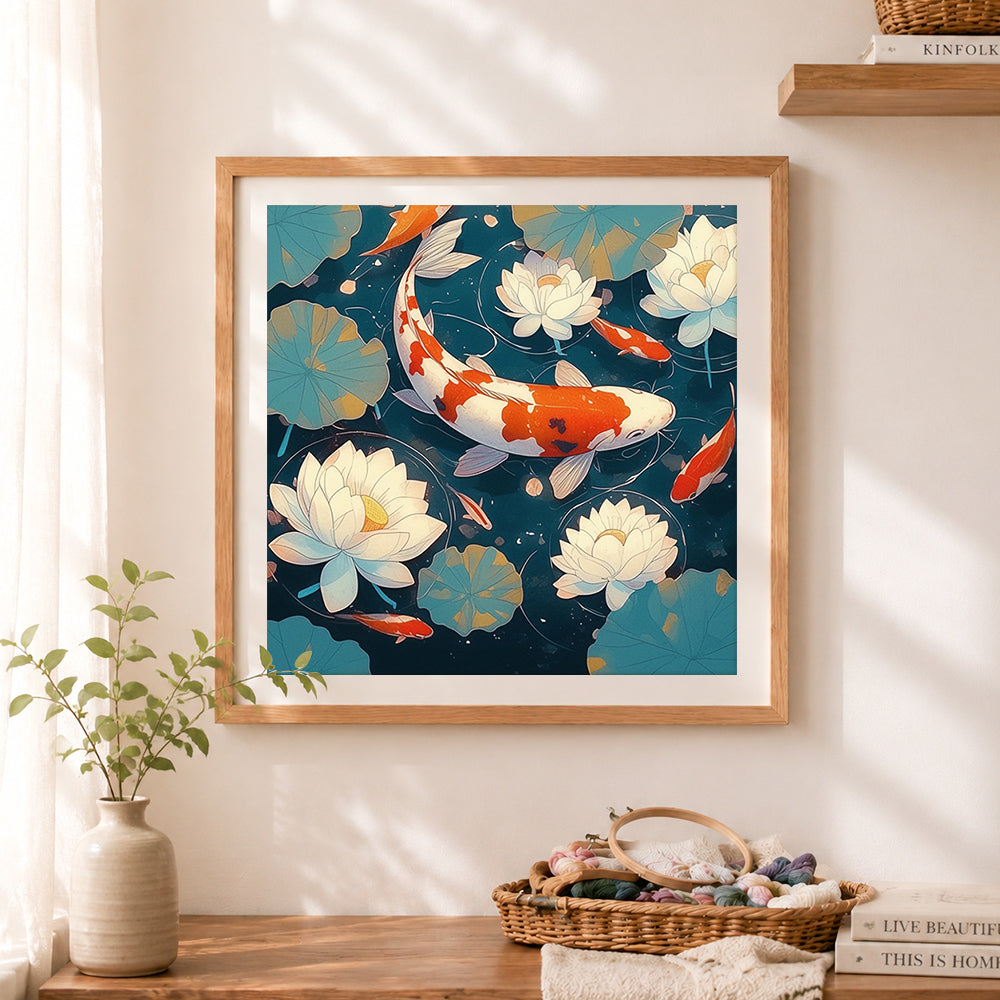 Finished elegant koi fish and white lotus cross stitch artwork displayed as home decor