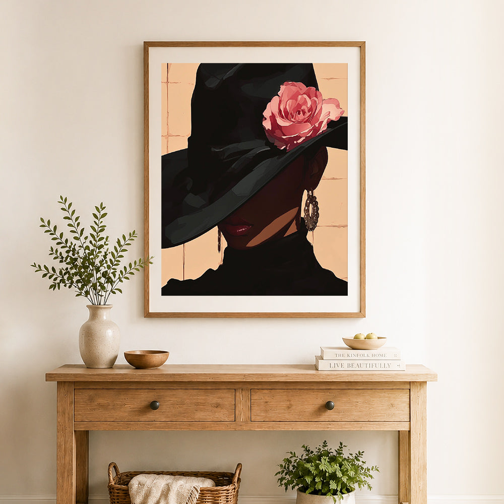 Finished elegant lady with rose cross stitch artwork displayed as home decor