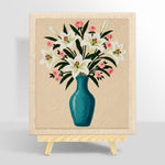 Elegant lily and pink roses in blue vase punch needle kit for beginners